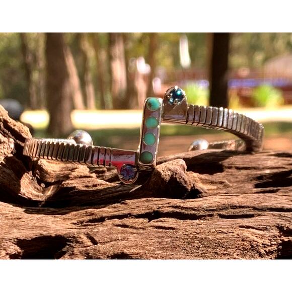 Navajo Artist Herbert Joe SS, Turquoise and Gemstone Cuff - Picture 3 of 8